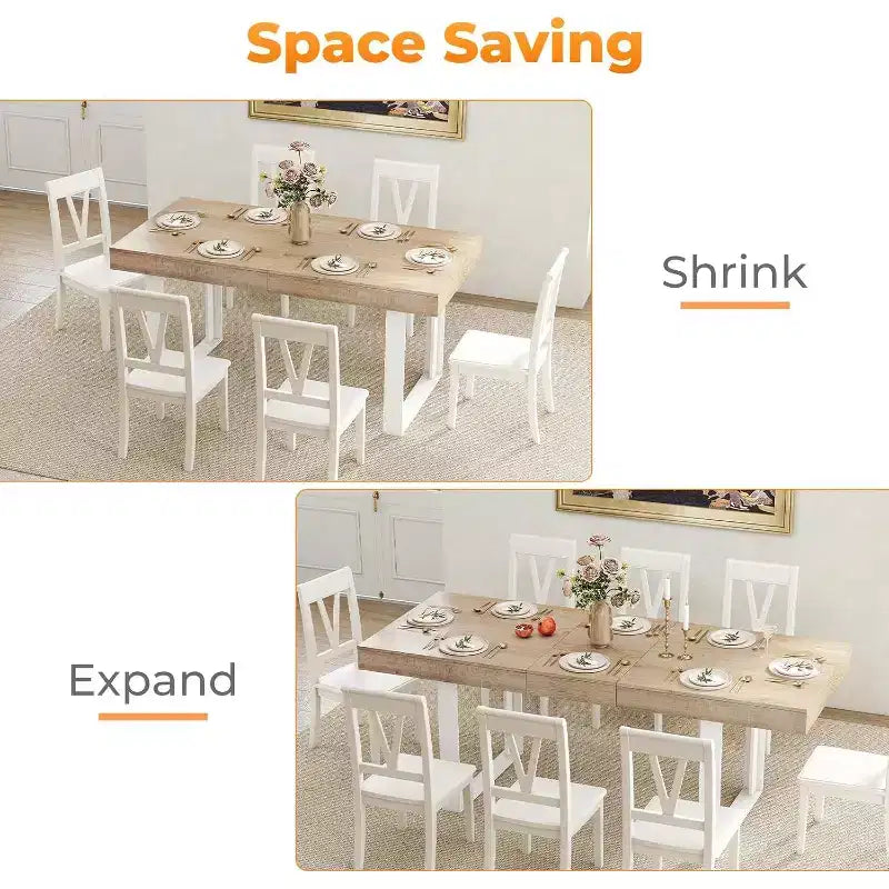 Mesa de comedor extensible Zevemomo63-78.7, mesa de cocina de 6 a 10 asientos, mesa de cocina rectangular con riel metálico, patas cónicas en forma de U para comedor, oficina - Roble