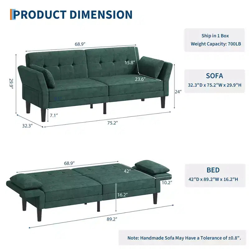 89 Sofá cama moderno con 2 almohadas Sofá cama futón tapizado en chenilla con respaldo ajustable Sofá cama de asiento profundo para sala de estar apartamento