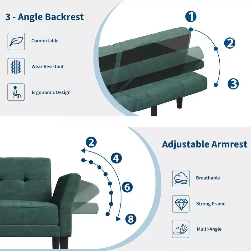 89 Sofá cama moderno con 2 almohadas Sofá cama futón tapizado en chenilla con respaldo ajustable Sofá cama de asiento profundo para sala de estar apartamento