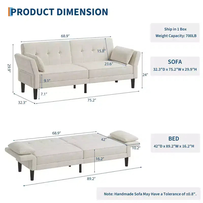89 Sofá cama moderno con 2 almohadas Sofá cama futón tapizado en chenilla con respaldo ajustable Sofá cama de asiento profundo para sala de estar apartamento