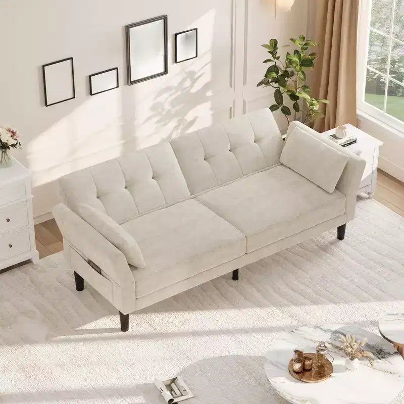 89 Sofá cama moderno con 2 almohadas Sofá cama futón tapizado en chenilla con respaldo ajustable Sofá cama de asiento profundo para sala de estar apartamento