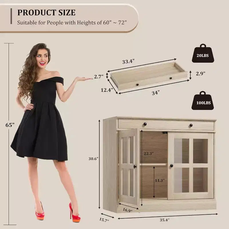 35.4 Aparador blanco moderno - Vitrina con puertas de vidrio y cajones de almacenamiento para comedor y cocina