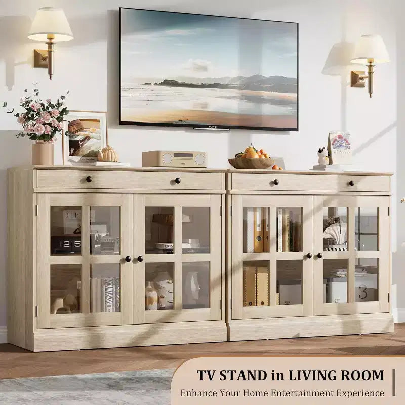 35.4 Aparador blanco moderno - Vitrina con puertas de vidrio y cajones de almacenamiento para comedor y cocina