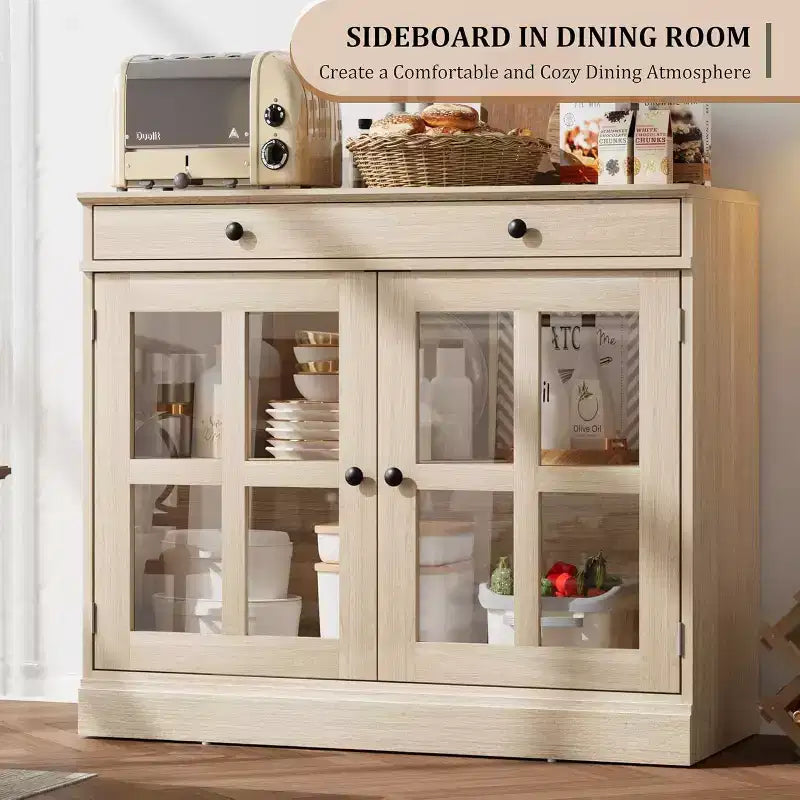 35.4 Aparador blanco moderno - Vitrina con puertas de vidrio y cajones de almacenamiento para comedor y cocina