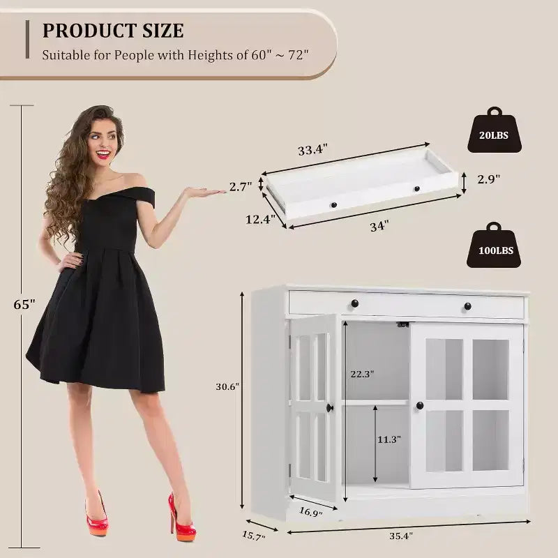 35.4 Aparador blanco moderno - Vitrina con puertas de vidrio y cajones de almacenamiento para comedor y cocina