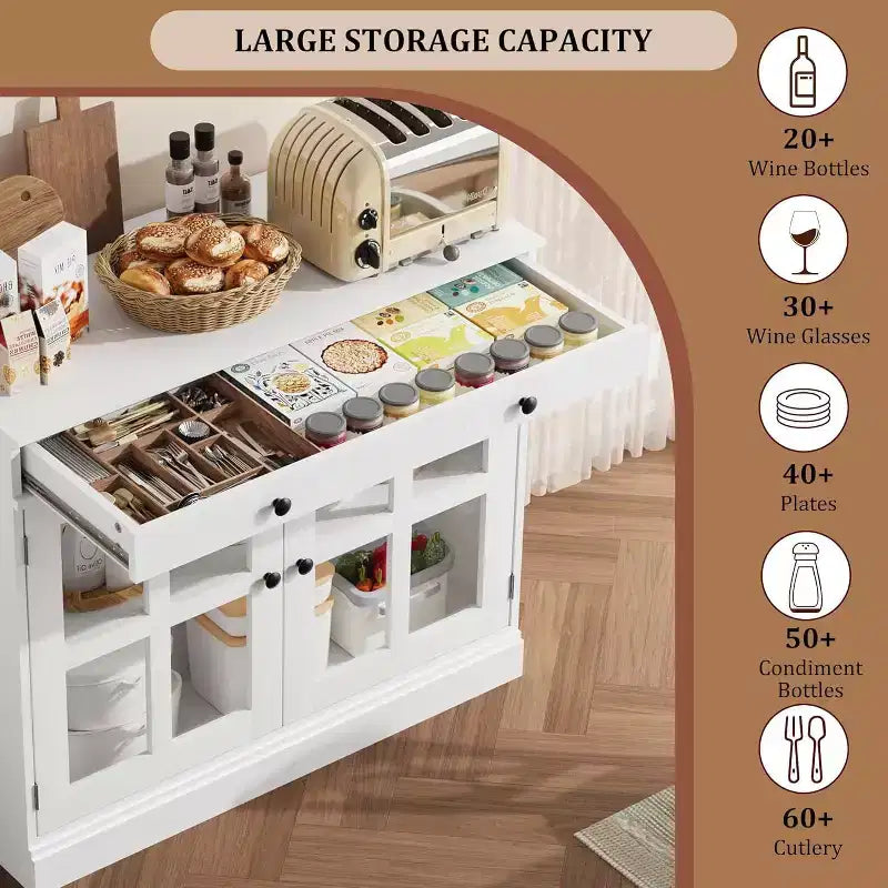 35.4 Aparador blanco moderno - Vitrina con puertas de vidrio y cajones de almacenamiento para comedor y cocina