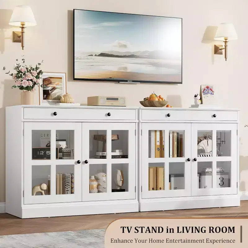 35.4 Aparador blanco moderno - Vitrina con puertas de vidrio y cajones de almacenamiento para comedor y cocina