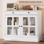 35.4 Aparador blanco moderno - Vitrina con puertas de vidrio y cajones de almacenamiento para comedor y cocina