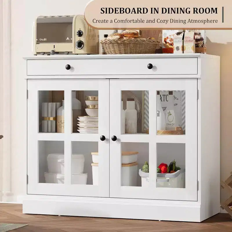 35.4 Aparador blanco moderno - Vitrina con puertas de vidrio y cajones de almacenamiento para comedor y cocina