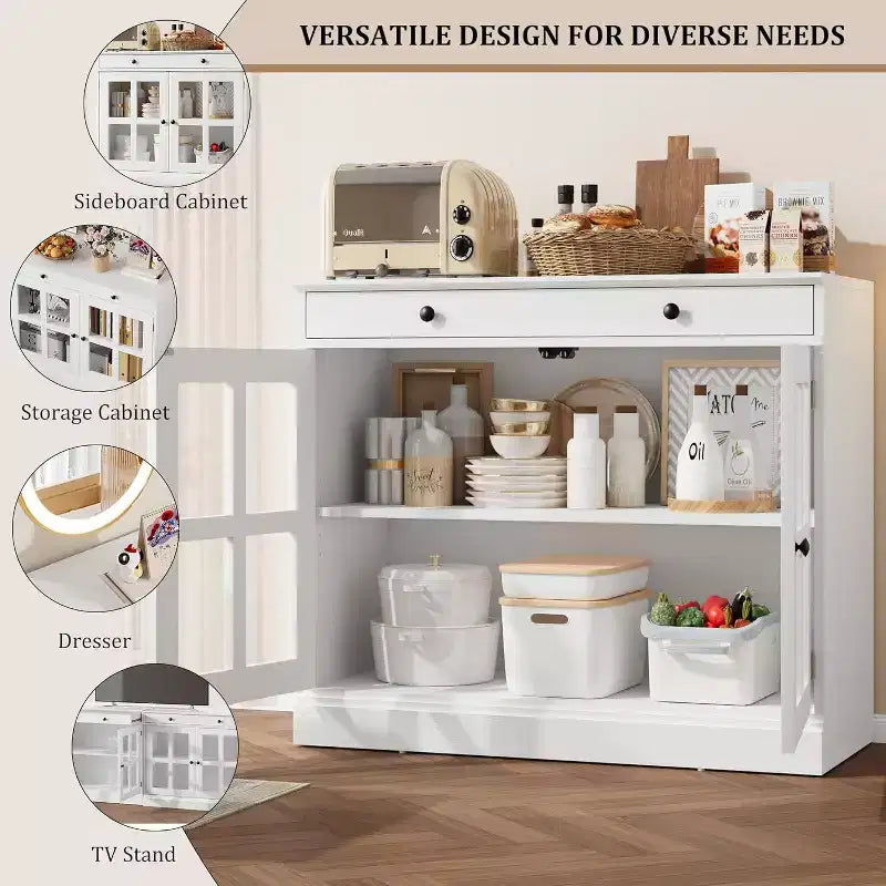 35.4 Aparador blanco moderno - Vitrina con puertas de vidrio y cajones de almacenamiento para comedor y cocina