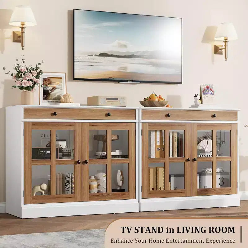 35.4 Aparador blanco moderno - Vitrina con puertas de vidrio y cajones de almacenamiento para comedor y cocina