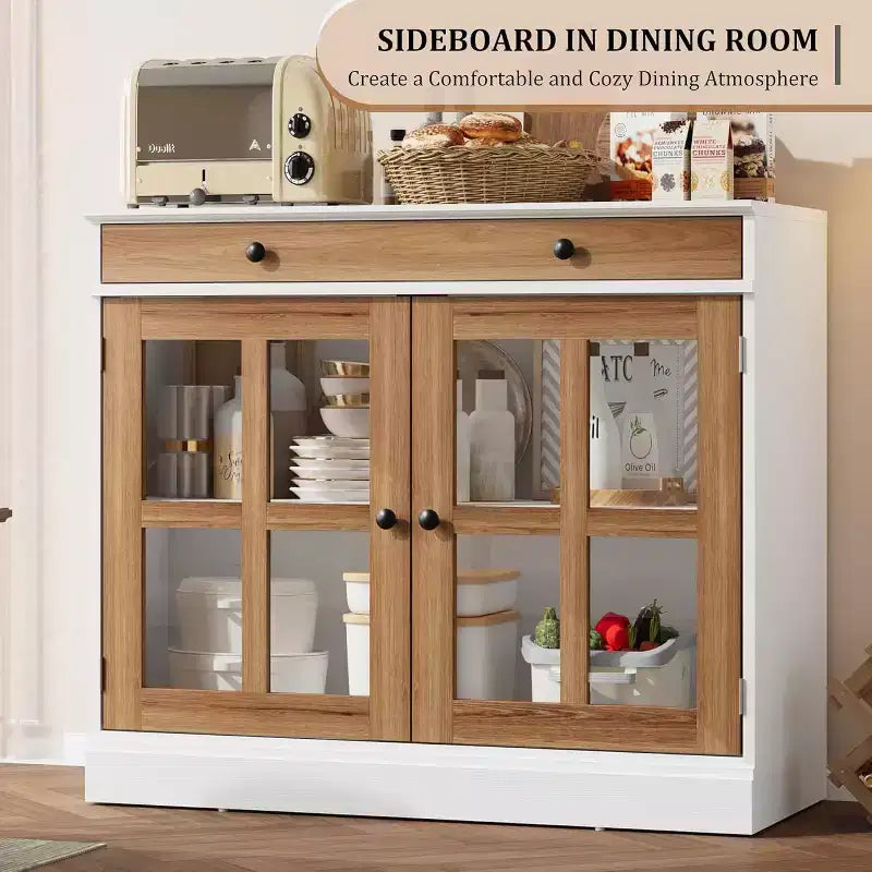 35.4 Aparador blanco moderno - Vitrina con puertas de vidrio y cajones de almacenamiento para comedor y cocina