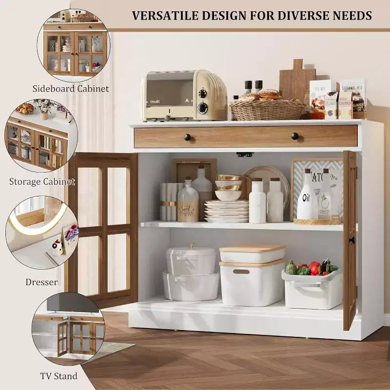 35.4 Aparador blanco moderno - Vitrina con puertas de vidrio y cajones de almacenamiento para comedor y cocina