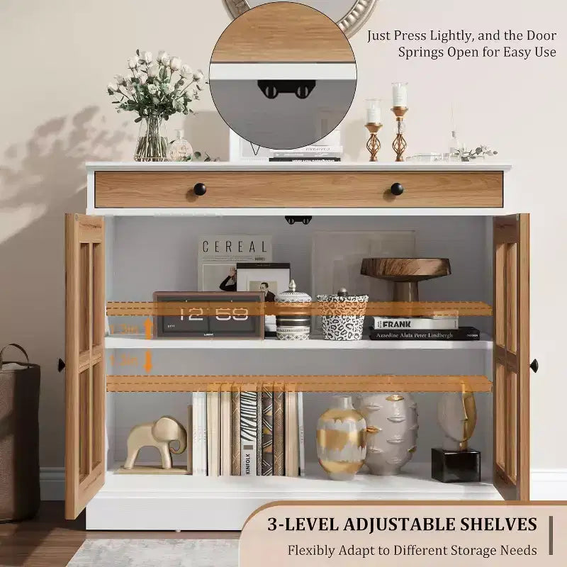 35.4 Aparador blanco moderno - Vitrina con puertas de vidrio y cajones de almacenamiento para comedor y cocina