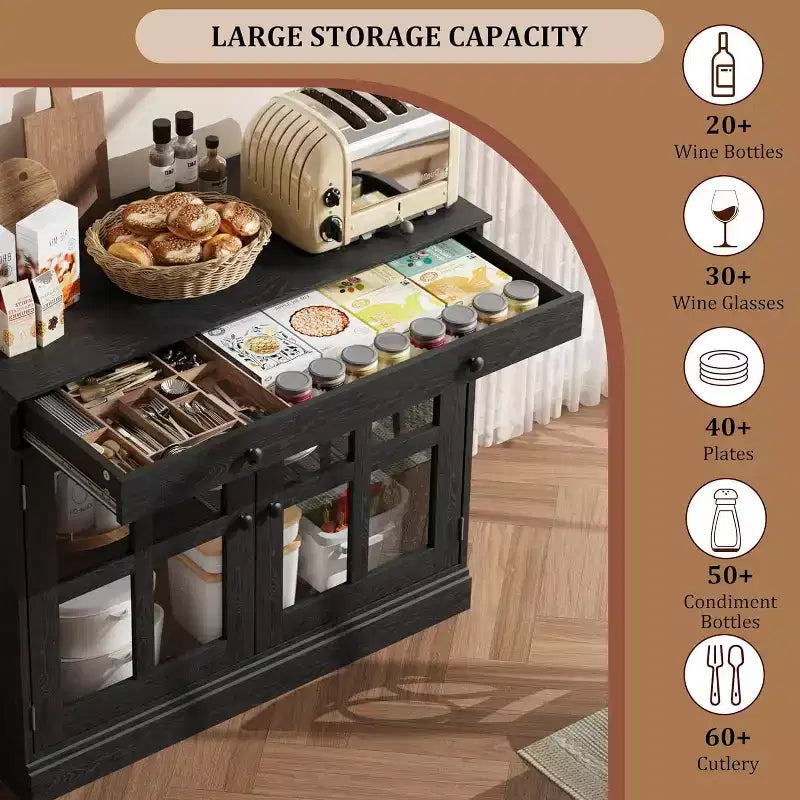 35.4 Aparador blanco moderno - Vitrina con puertas de vidrio y cajones de almacenamiento para comedor y cocina