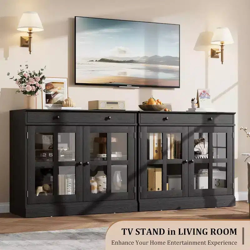 35.4 Aparador blanco moderno - Vitrina con puertas de vidrio y cajones de almacenamiento para comedor y cocina