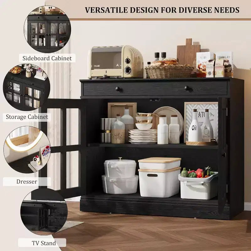35.4 Aparador blanco moderno - Vitrina con puertas de vidrio y cajones de almacenamiento para comedor y cocina