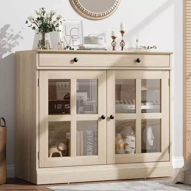 35.4 Aparador blanco moderno - Vitrina con puertas de vidrio y cajones de almacenamiento para comedor y cocina