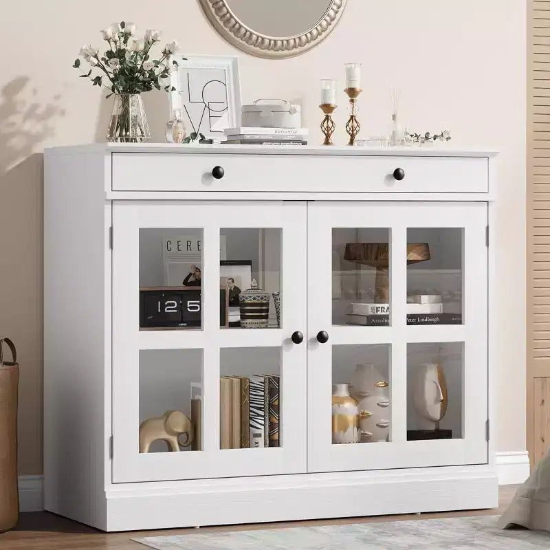 35.4 Aparador blanco moderno - Vitrina con puertas de vidrio y cajones de almacenamiento para comedor y cocina