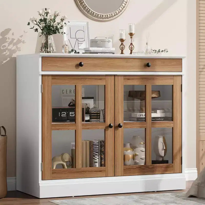 35.4 Aparador blanco moderno - Vitrina con puertas de vidrio y cajones de almacenamiento para comedor y cocina