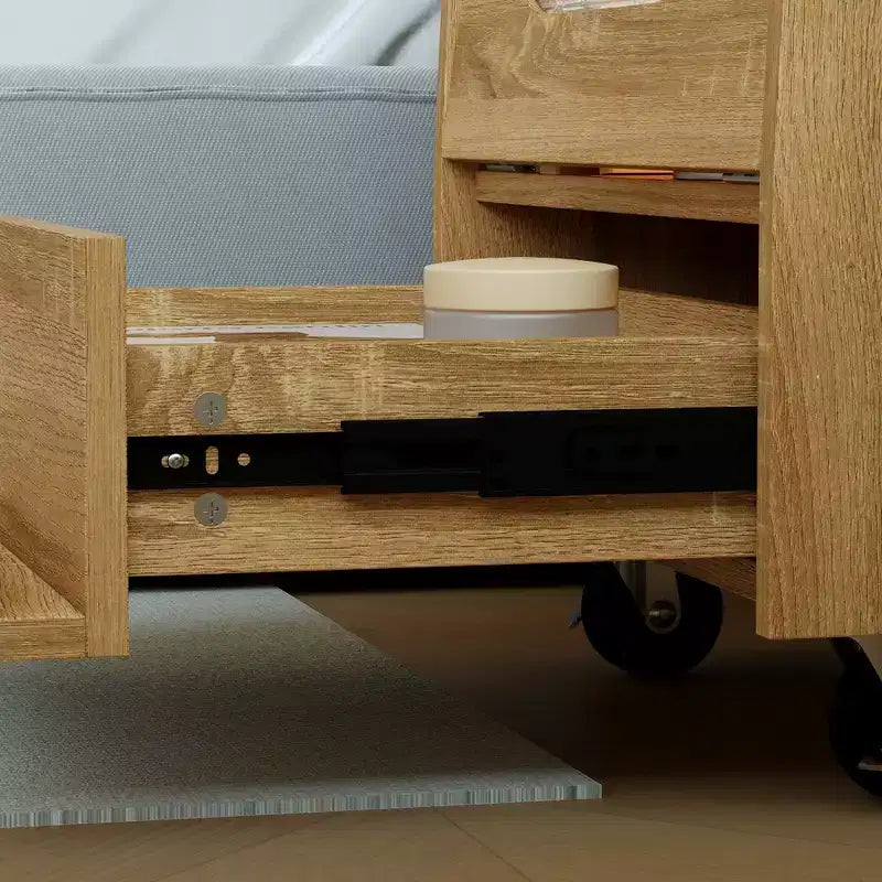 Mesita de noche con forma de robot juguetón, rotación de 360°, tira de LED táctil, armario lateral con tapa giratoria, ruedas con freno