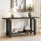 Mesa consola estrecha moderna de 63 pulgadas, mesa de entrada con detalles de metal y estante abierto, mesa decorativa para sala de estar, pasillo, negra