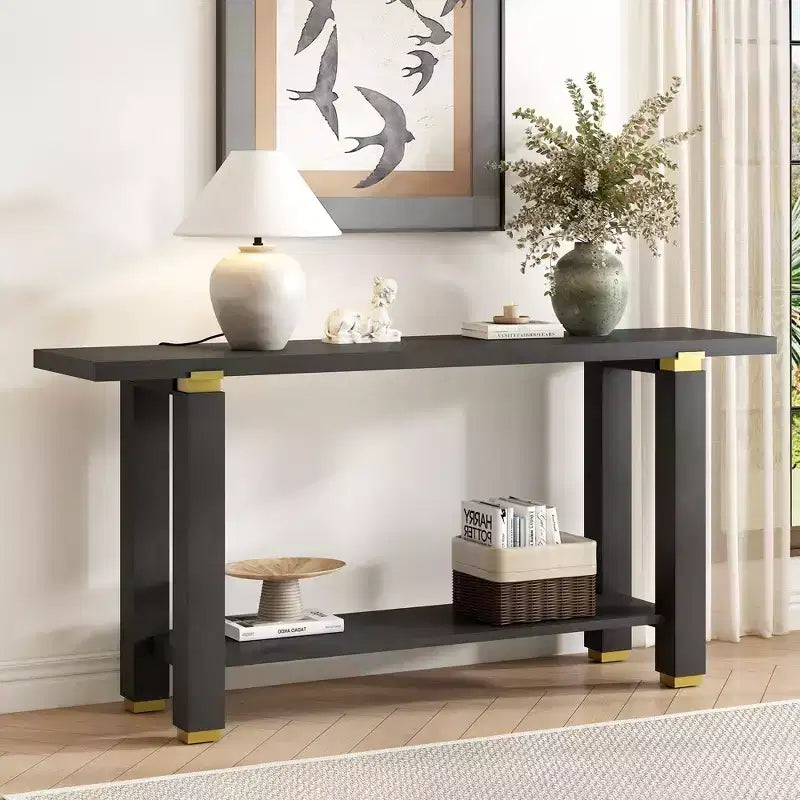 Mesa consola estrecha moderna de 63 pulgadas, mesa de entrada con detalles de metal y estante abierto, mesa decorativa para sala de estar, pasillo, negra
