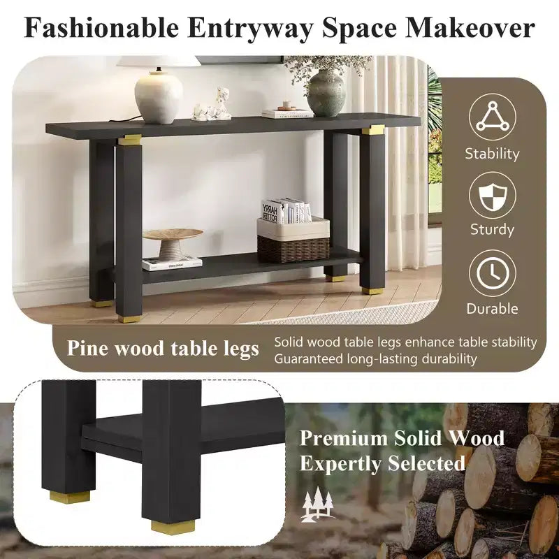 Mesa consola estrecha moderna de 63 pulgadas, mesa de entrada con detalles de metal y estante abierto, mesa decorativa para sala de estar, pasillo, negra