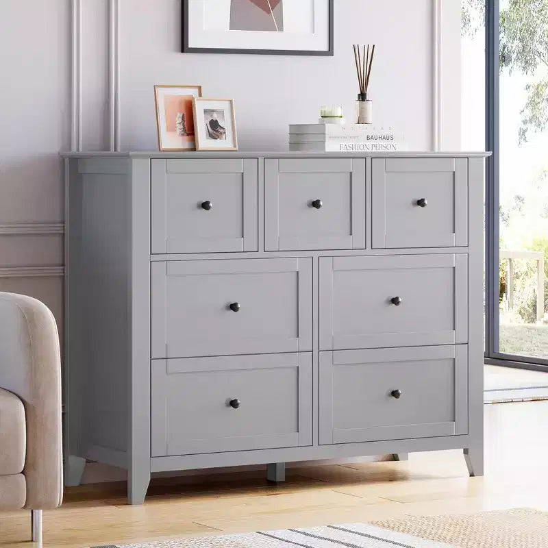 Mueble de Almacenamiento de Madera con Cajonera, Cómoda con 7 Cajones, para Recibidor, Salón, Dormitorio, Gris