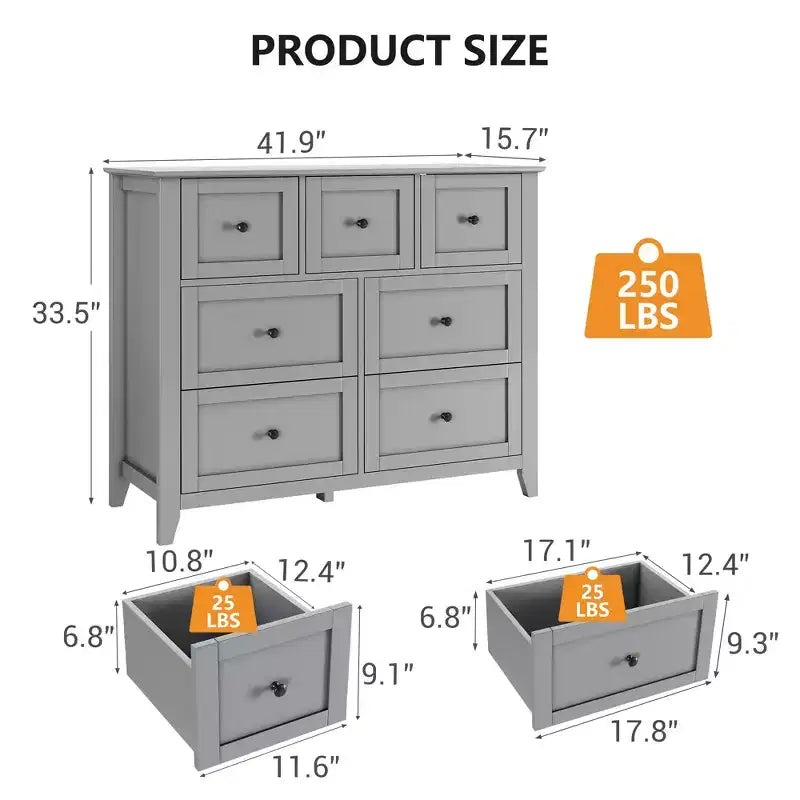 Mueble de Almacenamiento de Madera con Cajonera, Cómoda con 7 Cajones, para Recibidor, Salón, Dormitorio, Gris