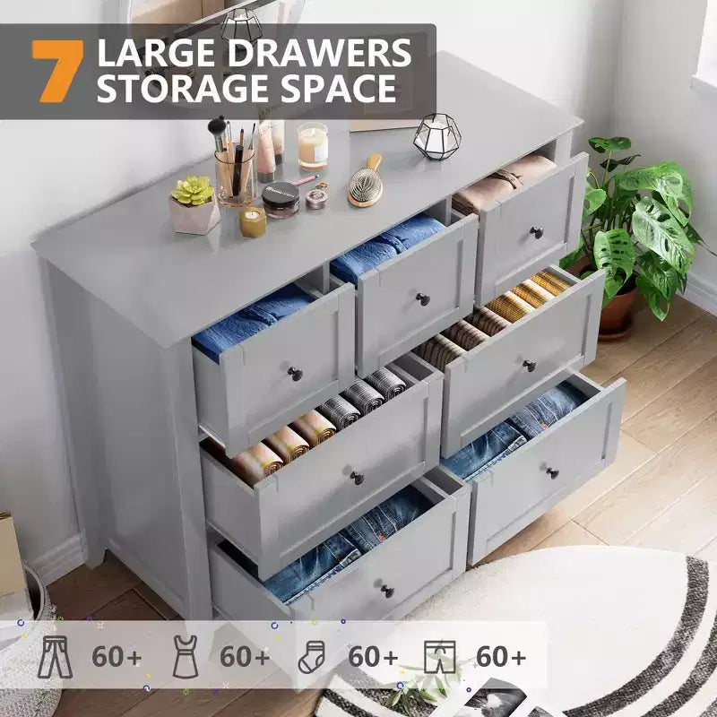 Mueble de Almacenamiento de Madera con Cajonera, Cómoda con 7 Cajones, para Recibidor, Salón, Dormitorio, Gris