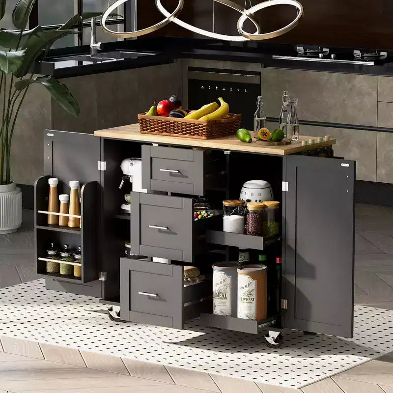 Rolling Kitchen Island Kitchen Storage Cart with 3 Drawer, 2 Slide-Out Shelf, Internal Storage Rack, Spice Rack & Towel Rack - ModernLuxe