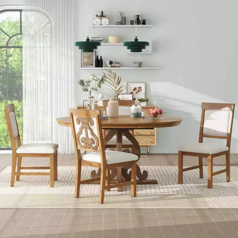 Juego de mesa de cocina de granja para 4 personas, juego de mesa de comedor redonda extensible de madera y 4 sillas tapizadas, juego de comedor retro para cocina