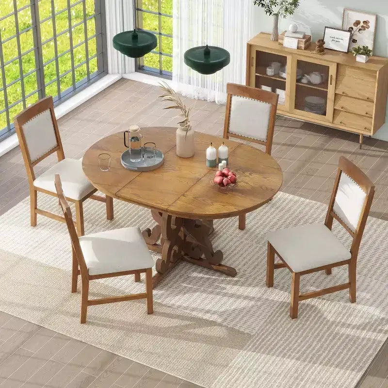 Juego de mesa de cocina de granja para 4 personas, juego de mesa de comedor redonda extensible de madera y 4 sillas tapizadas, juego de comedor retro para cocina