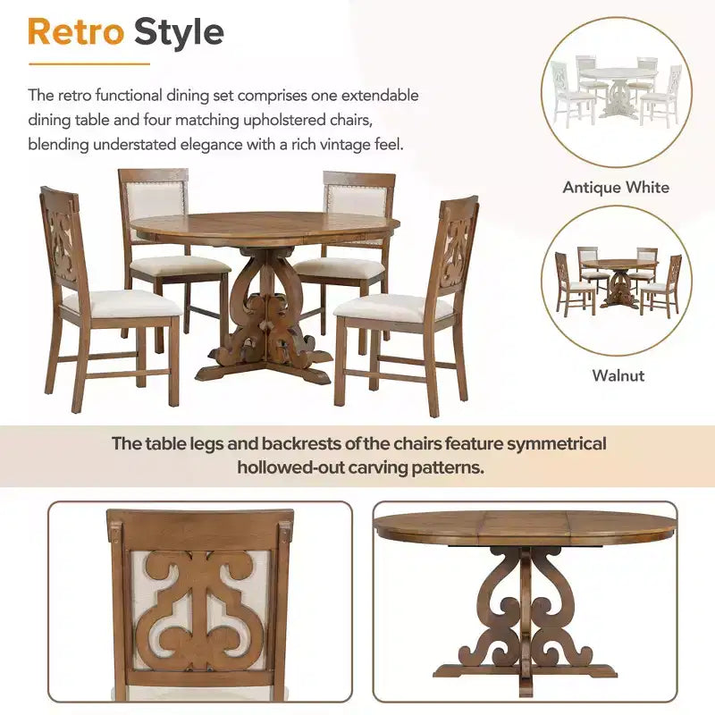 Juego de mesa de cocina de granja para 4 personas, juego de mesa de comedor redonda extensible de madera y 4 sillas tapizadas, juego de comedor retro para cocina