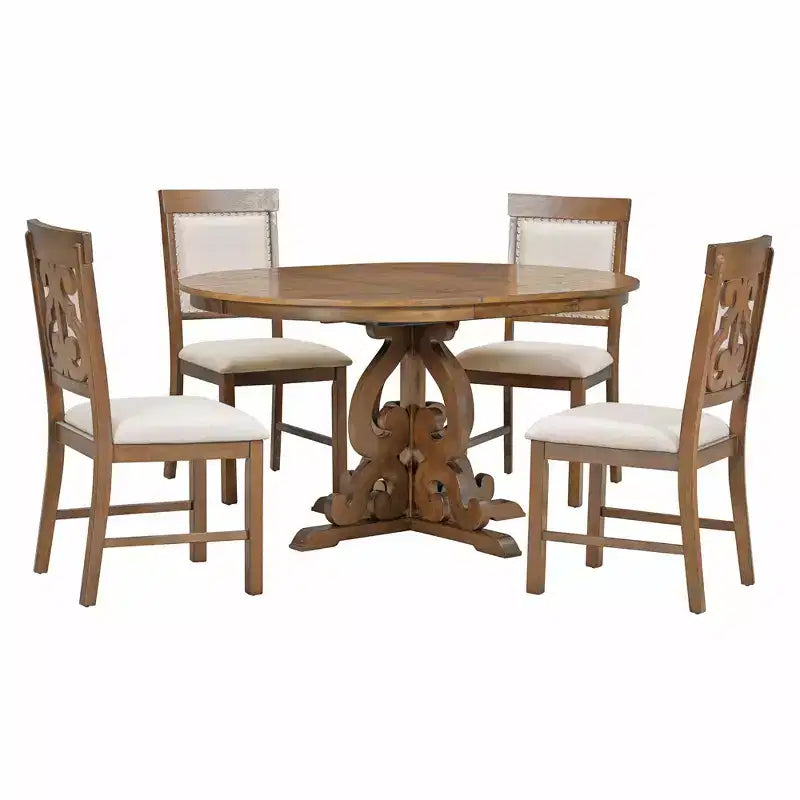 Juego de mesa de cocina de granja para 4 personas, juego de mesa de comedor redonda extensible de madera y 4 sillas tapizadas, juego de comedor retro para cocina