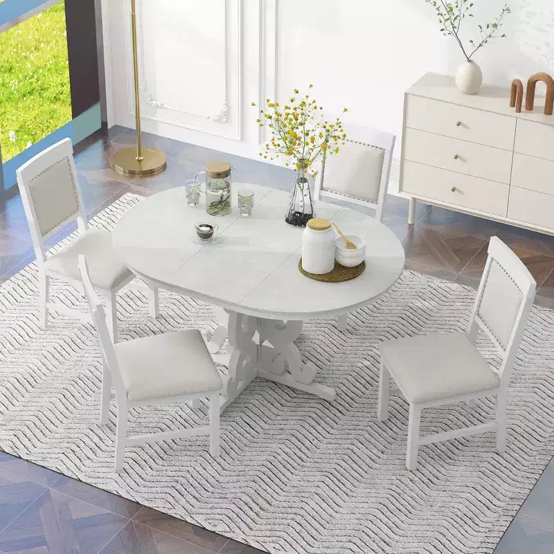 Juego de mesa de cocina de granja para 4 personas, juego de mesa de comedor redonda extensible de madera y 4 sillas tapizadas, juego de comedor retro para cocina