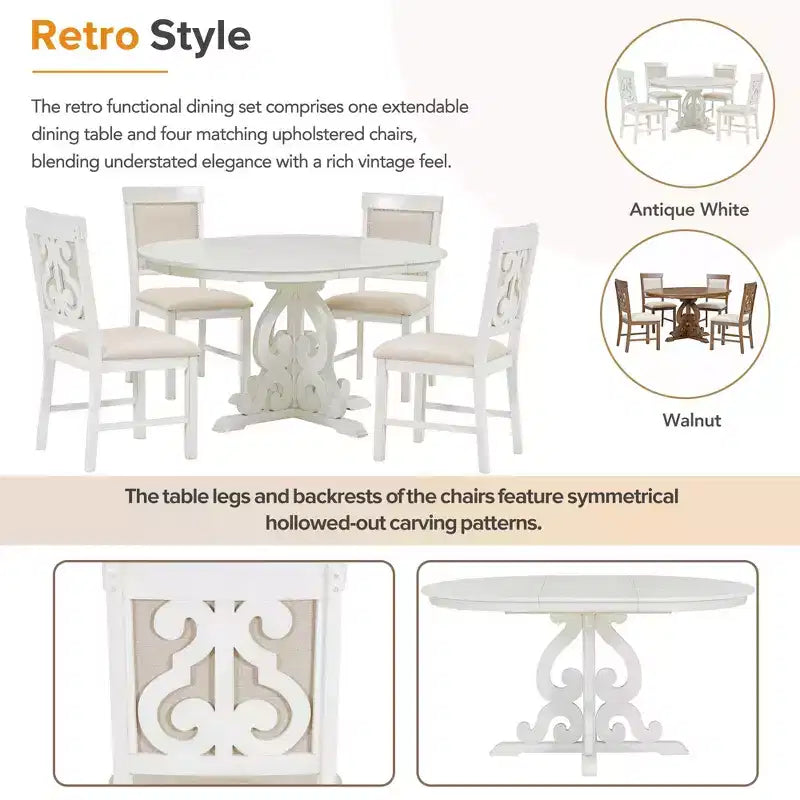 Juego de mesa de cocina de granja para 4 personas, juego de mesa de comedor redonda extensible de madera y 4 sillas tapizadas, juego de comedor retro para cocina