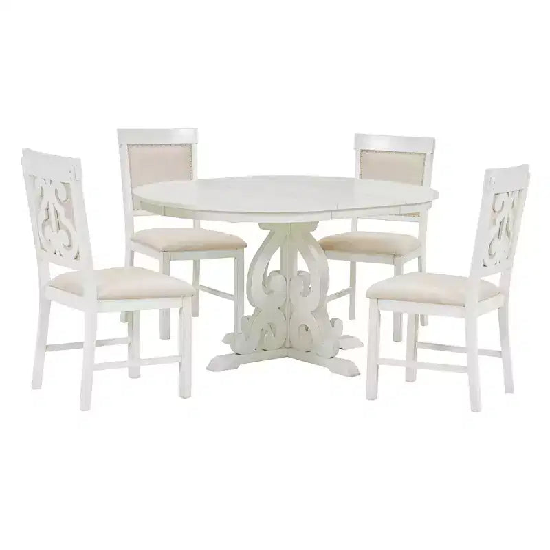 Juego de mesa de cocina de granja para 4 personas, juego de mesa de comedor redonda extensible de madera y 4 sillas tapizadas, juego de comedor retro para cocina