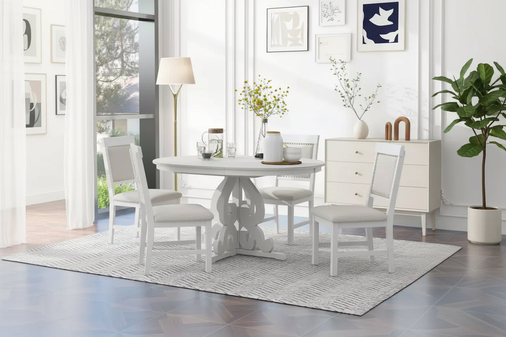Farmhouse Kitchen Table Set for 4, Wooden Extendable Round Dining Table Set and 4 Upholstered Chairs, Retro Dining Set for Kitchen