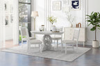 Farmhouse Kitchen Table Set for 4, Wooden Extendable Round Dining Table Set and 4 Upholstered Chairs, Retro Dining Set for Kitchen