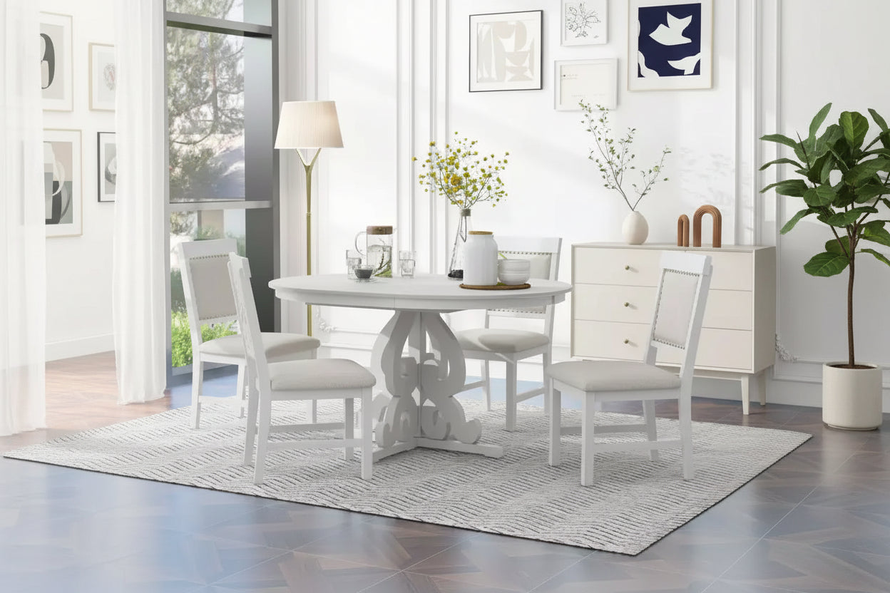 Farmhouse Kitchen Table Set for 4, Wooden Extendable Round Dining Table Set and 4 Upholstered Chairs, Retro Dining Set for Kitchen