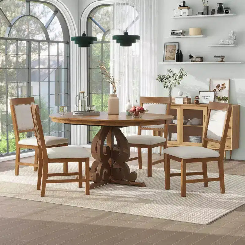 Juego de mesa de cocina de granja para 4 personas, juego de mesa de comedor redonda extensible de madera y 4 sillas tapizadas, juego de comedor retro para cocina