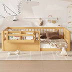 Cama Montessori de madera para niños, tamaño individual/matrimonial/king, con valla elevada y estantería, diseño de perfil bajo