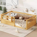 Cama Montessori de madera para niños, tamaño individual/matrimonial/king, con valla elevada y estantería, diseño de perfil bajo