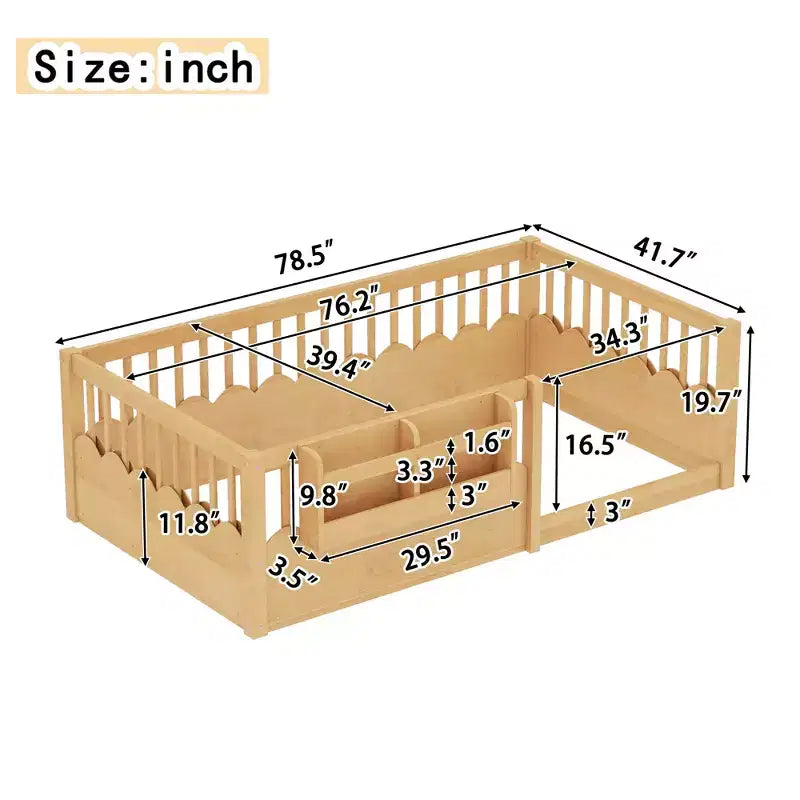 Cama Montessori de madera para niños, tamaño individual/matrimonial/king, con valla elevada y estantería, diseño de perfil bajo