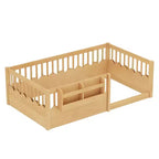 Cama Montessori de madera para niños, tamaño individual/matrimonial/king, con valla elevada y estantería, diseño de perfil bajo