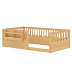 Cama Montessori de madera para niños, tamaño individual/matrimonial/king, con valla elevada y estantería, diseño de perfil bajo