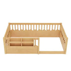 Cama Montessori de madera para niños, tamaño individual/matrimonial/king, con valla elevada y estantería, diseño de perfil bajo