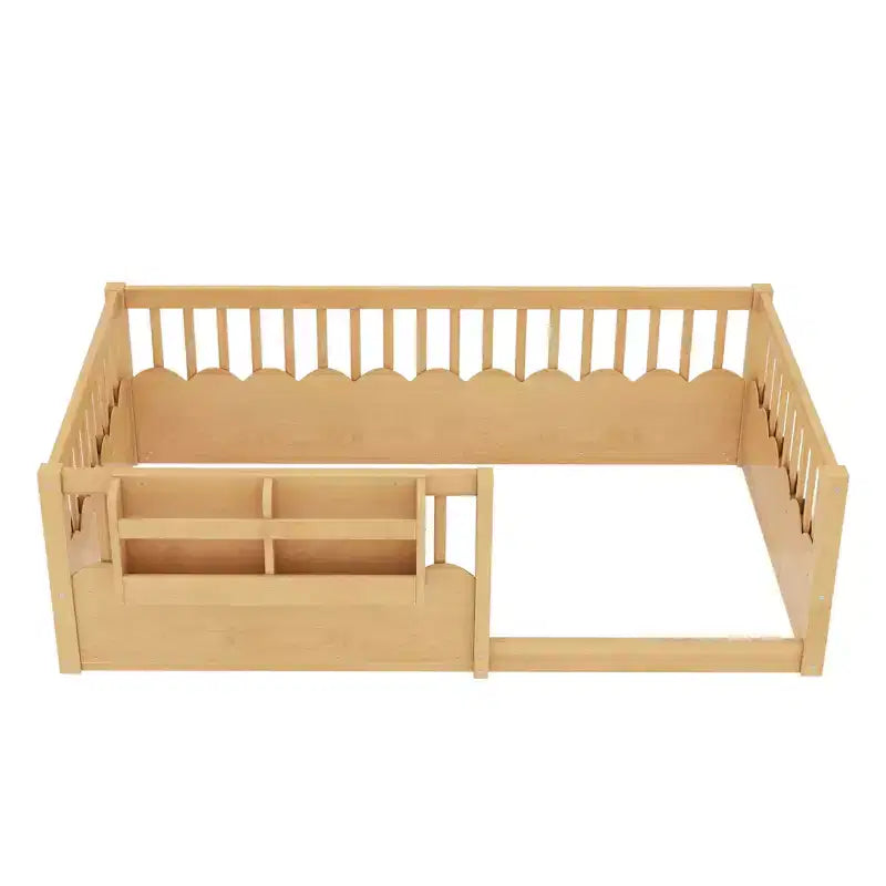 Cama Montessori de madera para niños, tamaño individual/matrimonial/king, con valla elevada y estantería, diseño de perfil bajo